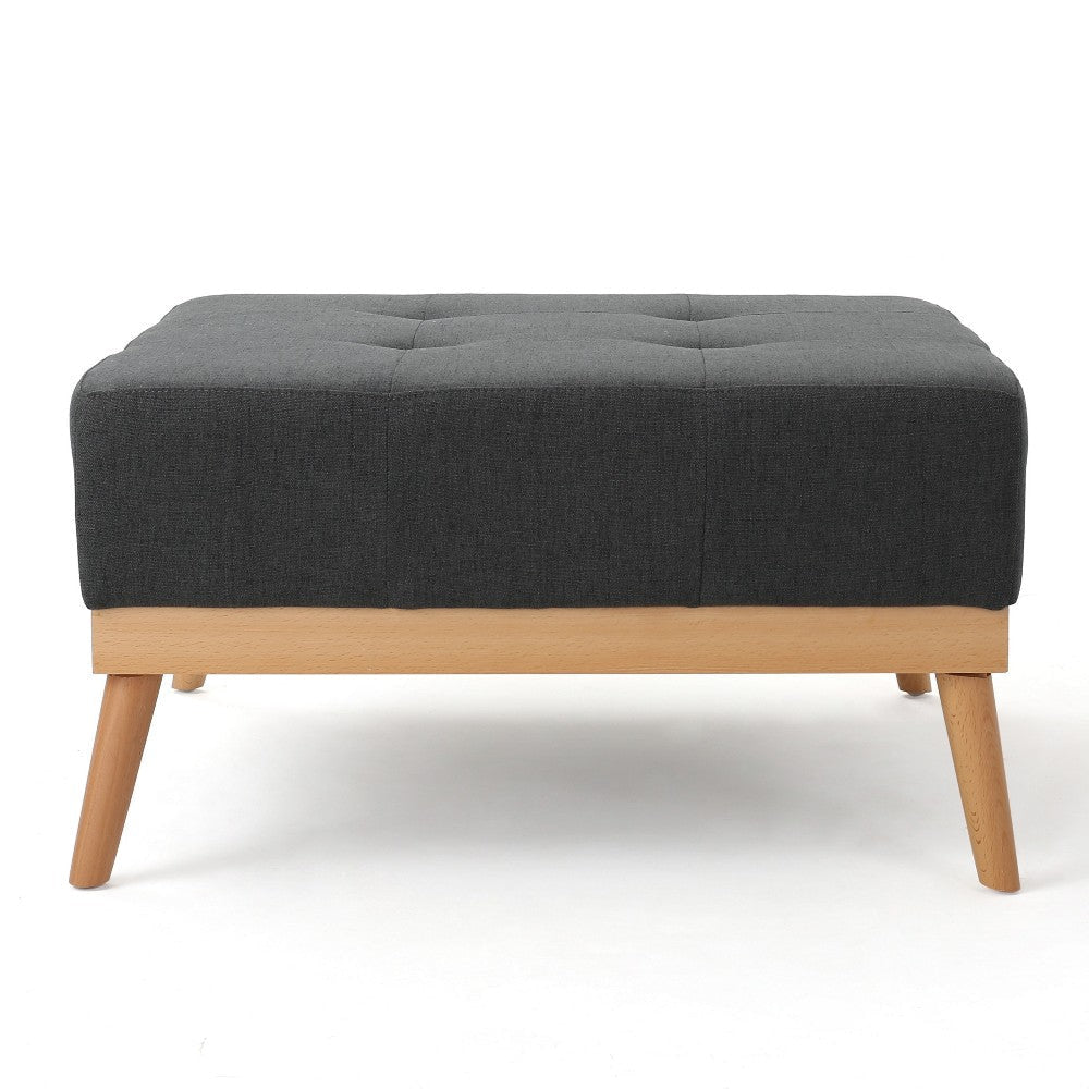 Ottoman Tufted Dark Gray Fabric Plush Cushion 32’’ Brown Wood Frame BM325041