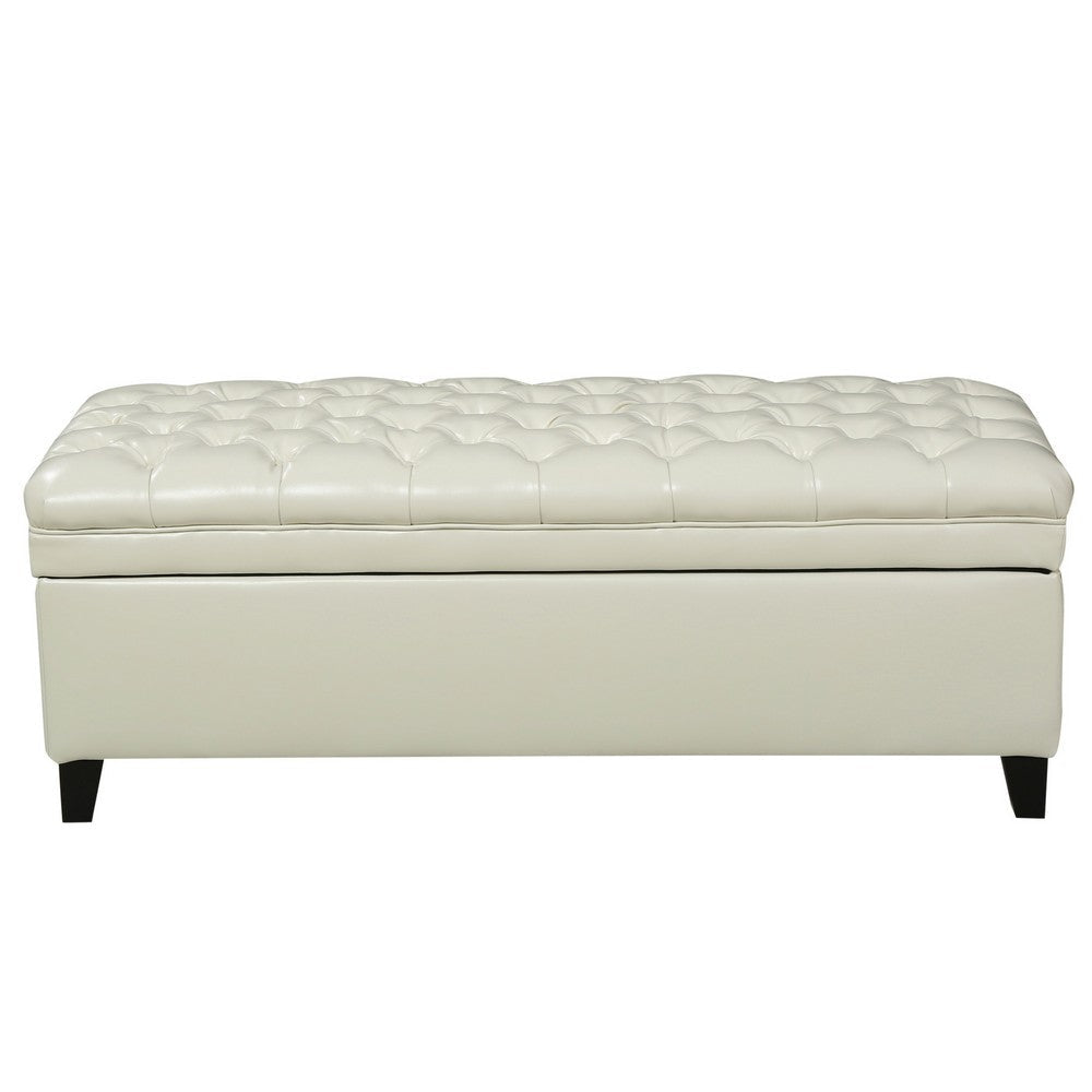 Rhya Storage Ottoman Bench Ivory Faux Leather Brown Wood 50 Inch BM325043