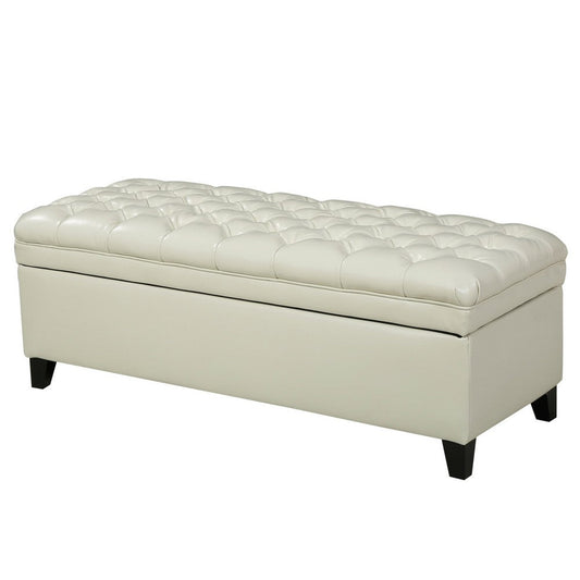 Rhya Storage Ottoman Bench, Ivory Faux Leather, Brown Wood, 50 Inch