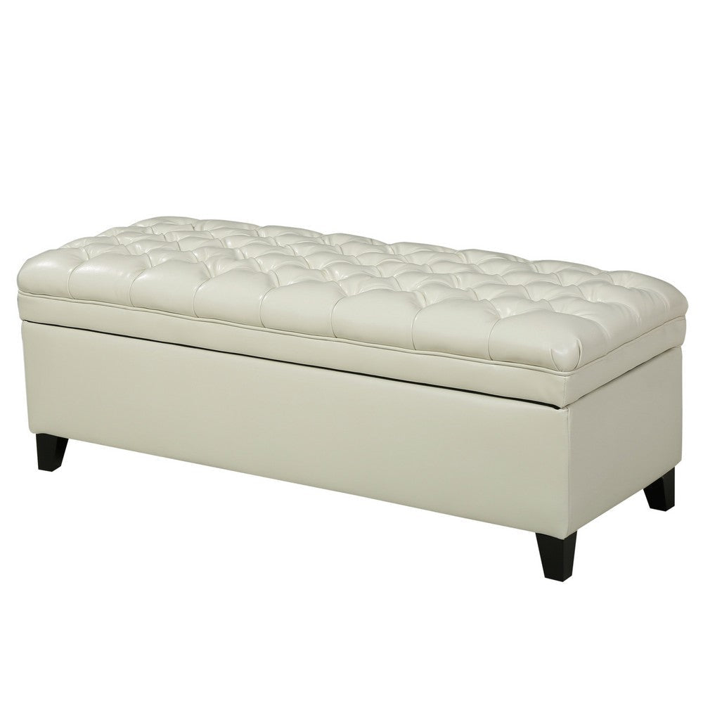Rhya Storage Ottoman Bench, Ivory Faux Leather, Brown Wood, 50 Inch