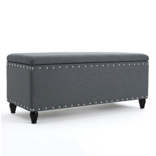 Sharon Storage Ottoman Bench, Dark Gray Fabric, Nailhead Trim, 42"