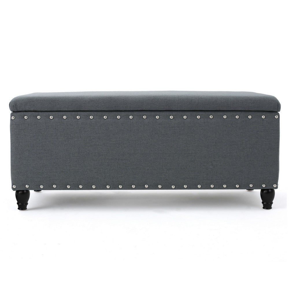 Sharon Storage Ottoman Bench, Dark Gray Fabric, Nailhead Trim, 42"