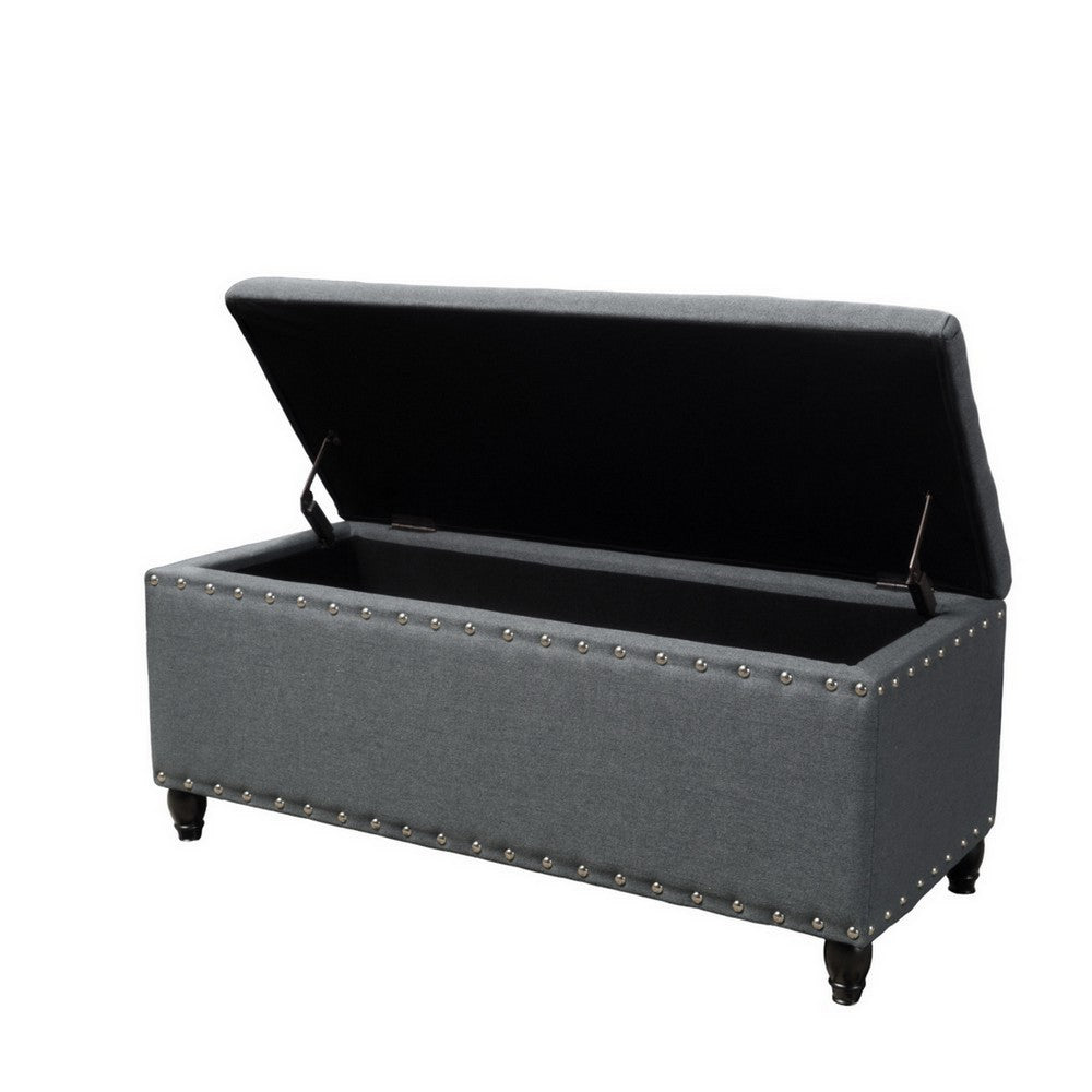 Sharon Storage Ottoman Bench, Dark Gray Fabric, Nailhead Trim, 42"