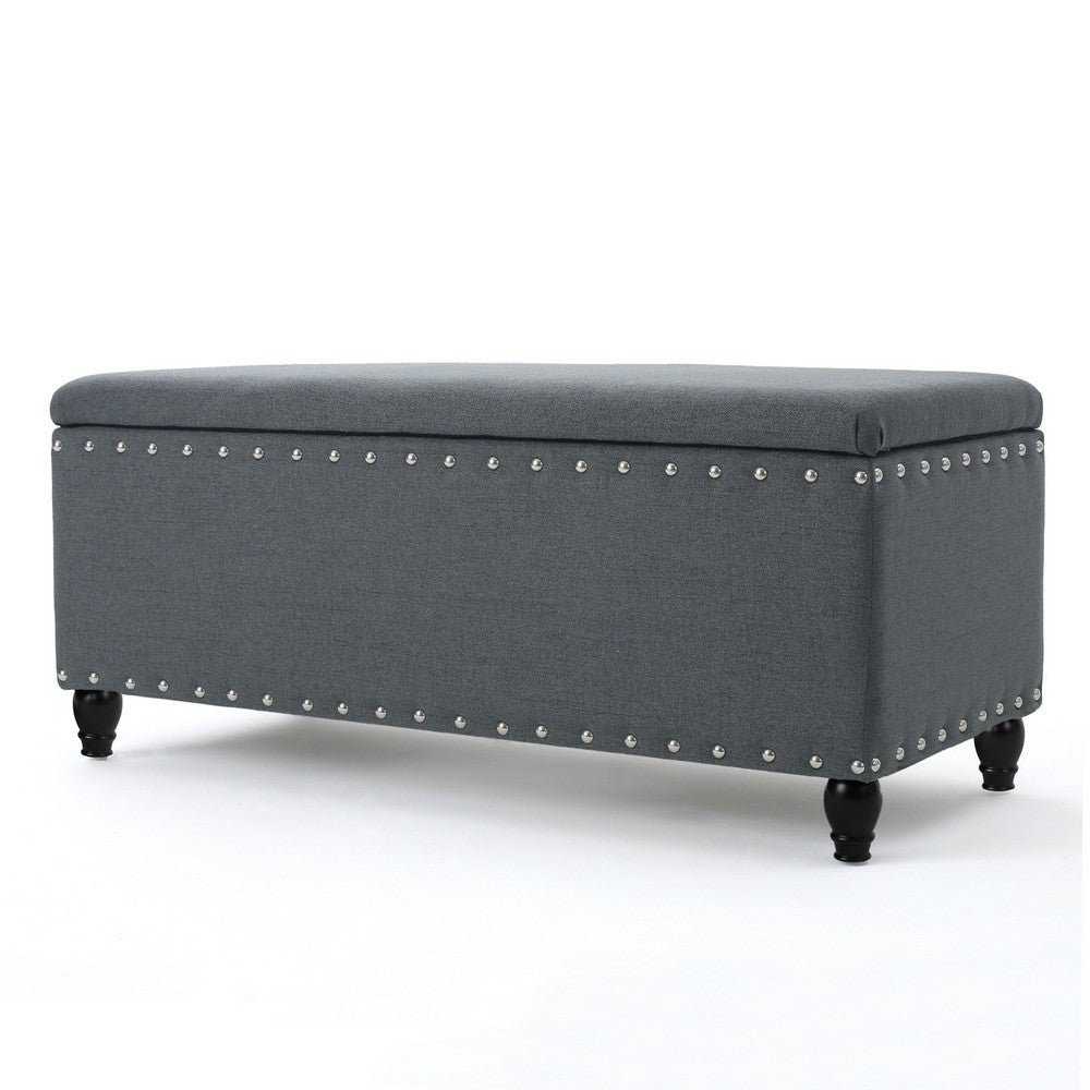 Sharon Storage Ottoman Bench, Dark Gray Fabric, Nailhead Trim, 42"