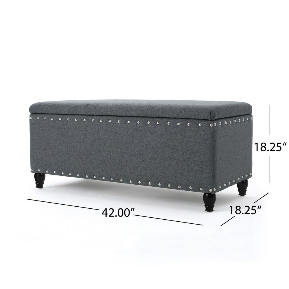 Sharon Storage Ottoman Bench, Dark Gray Fabric, Nailhead Trim, 42"