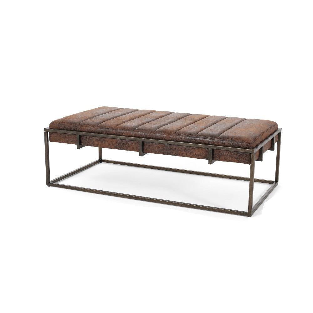 Shami Ottoman Bench, Brown Velvet Stitch Tufted, Brushed Gold Iron 49"