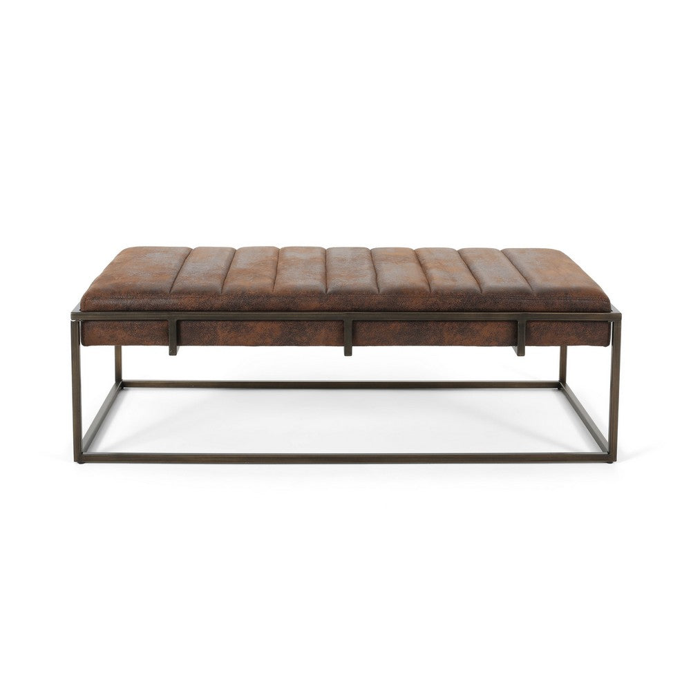 Shami Ottoman Bench, Brown Velvet Stitch Tufted, Brushed Gold Iron 49"