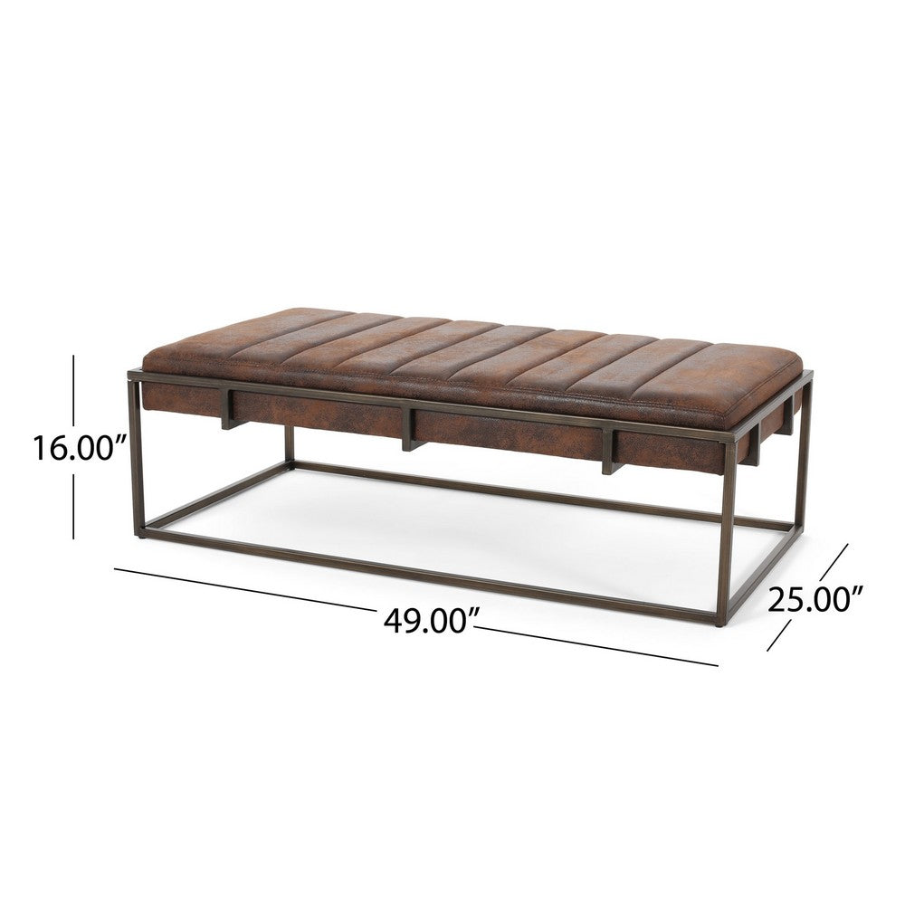 Shami Ottoman Bench, Brown Velvet Stitch Tufted, Brushed Gold Iron 49"