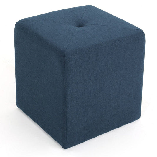 Liasa Ottoman, 17" Square Cube Shape, Navy Blue Fabric, Plush Cushion