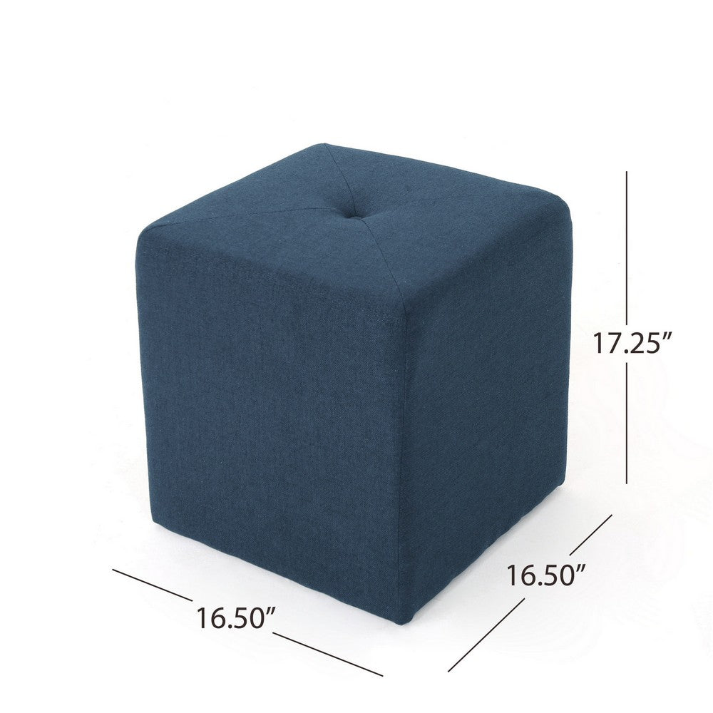 Liasa Ottoman, 17" Square Cube Shape, Navy Blue Fabric, Plush Cushion