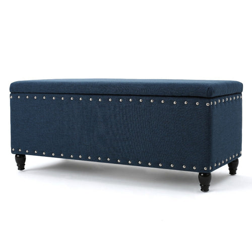 Sharon Storage Ottoman Bench, Navy Blue Fabric, Nailhead Trim, 42"