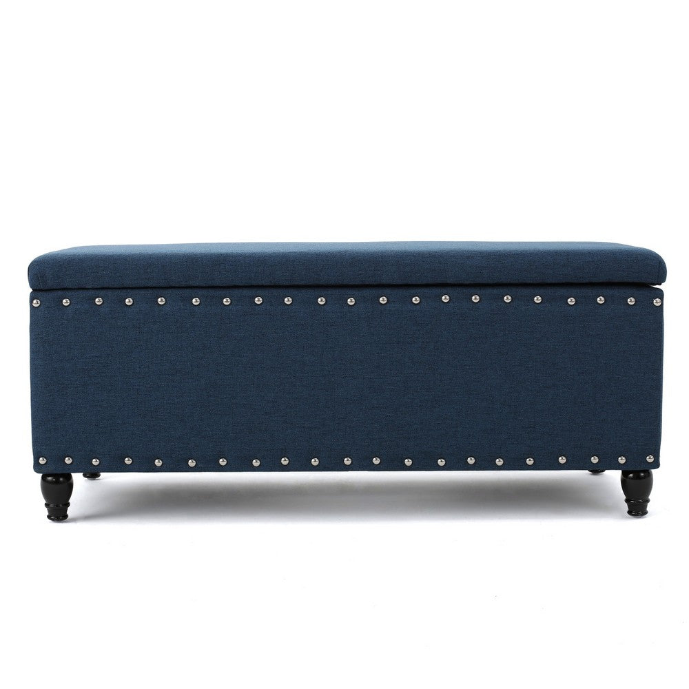 Sharon Storage Ottoman Bench, Navy Blue Fabric, Nailhead Trim, 42"