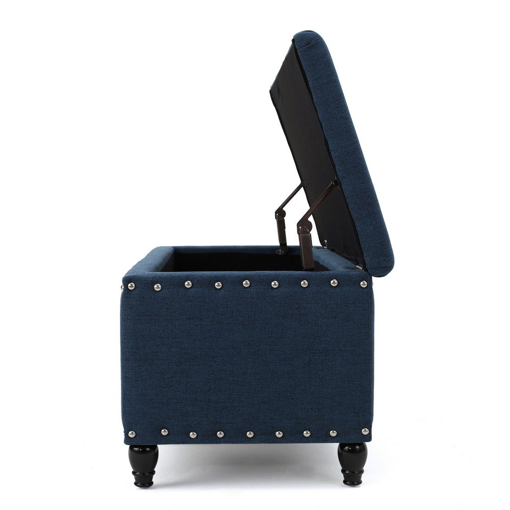 Sharon Storage Ottoman Bench, Navy Blue Fabric, Nailhead Trim, 42"