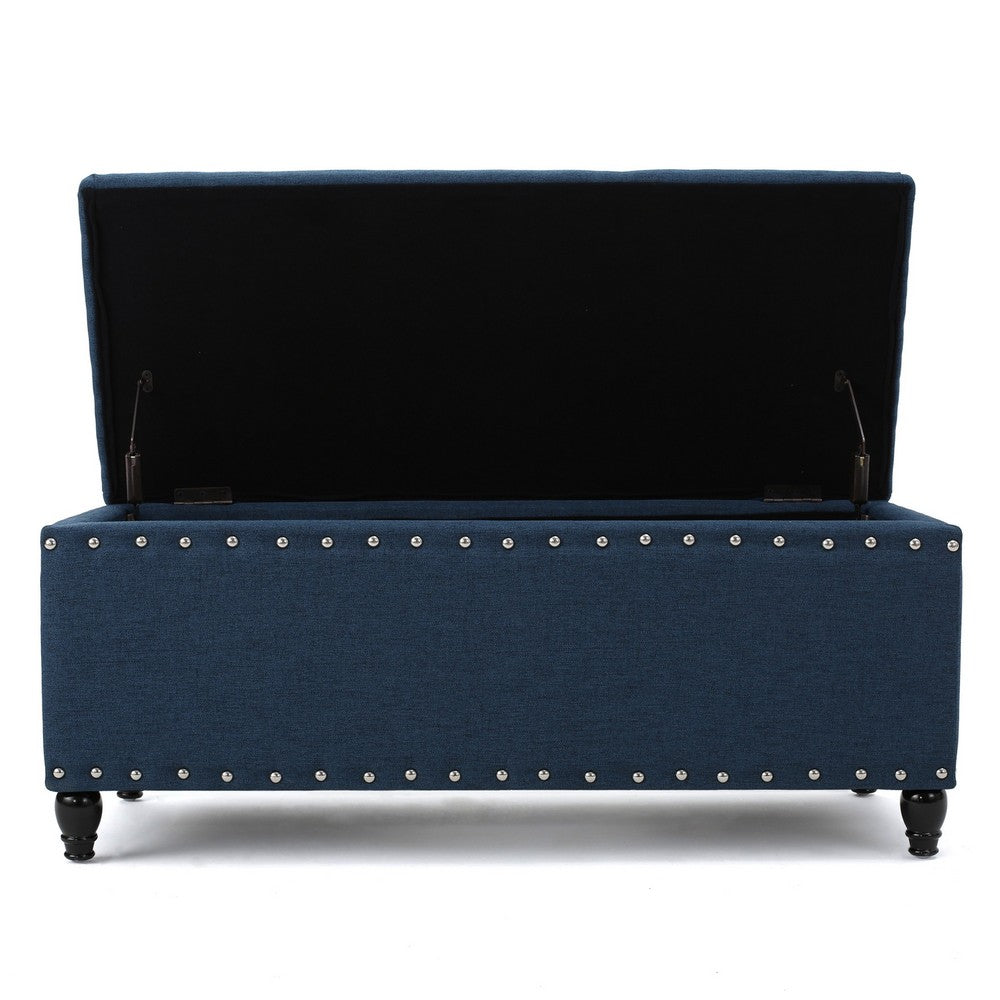Sharon Storage Ottoman Bench, Navy Blue Fabric, Nailhead Trim, 42"
