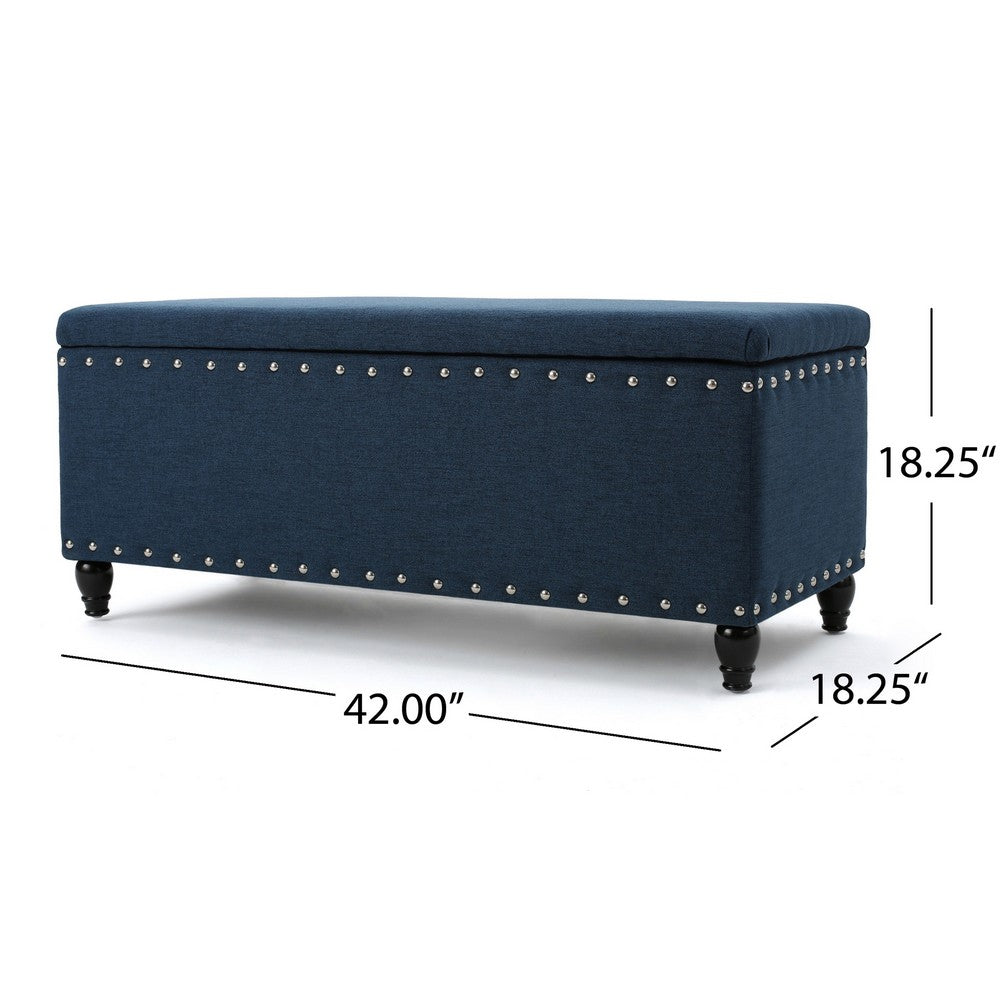 Sharon Storage Ottoman Bench, Navy Blue Fabric, Nailhead Trim, 42"