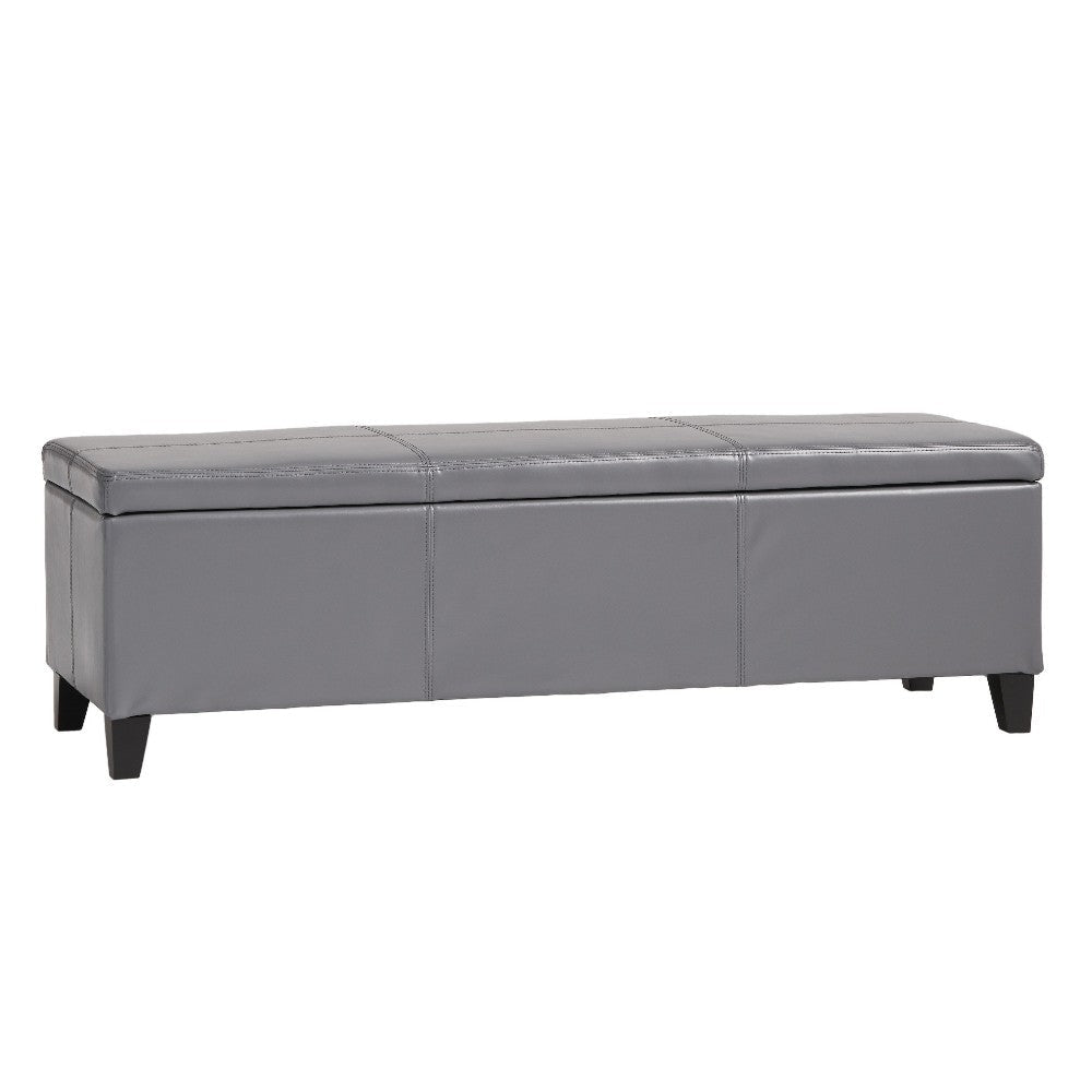 Elias Storage Ottoman Bench, Gray Faux Leather, Stitch Detail, 51"