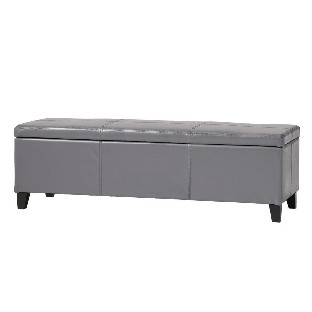 Elias Storage Ottoman Bench, Gray Faux Leather, Stitch Detail, 51"
