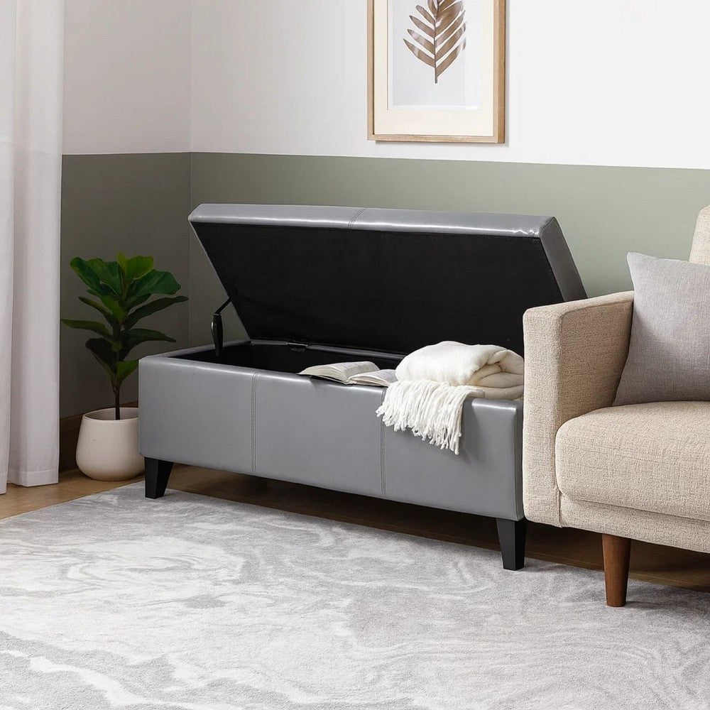 Elias Storage Ottoman Bench, Gray Faux Leather, Stitch Detail, 51"
