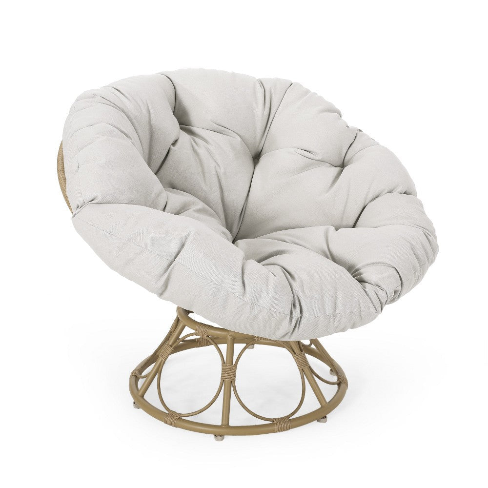 Leos Swivel Outdoor Chair, Soft Gray Polyester Cushion, Brown Rattan