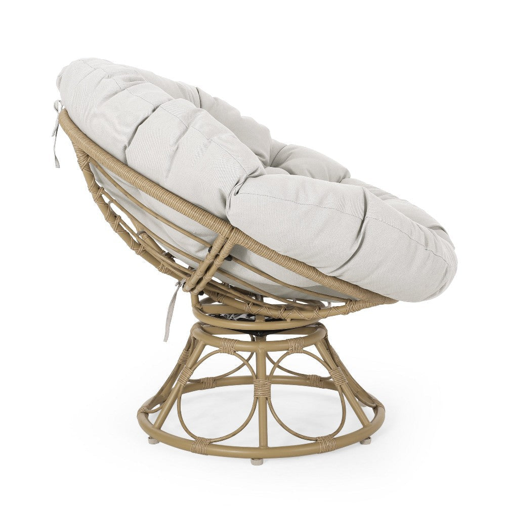 Leos Swivel Outdoor Chair Soft Gray Polyester Cushion Brown Rattan BM325052