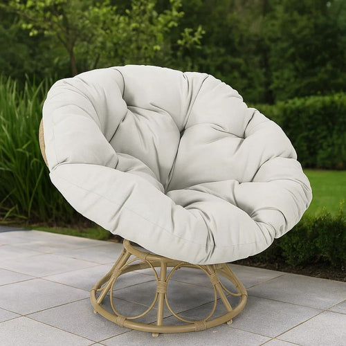 Leos Swivel Outdoor Chair, Soft Gray Polyester Cushion, Brown Rattan