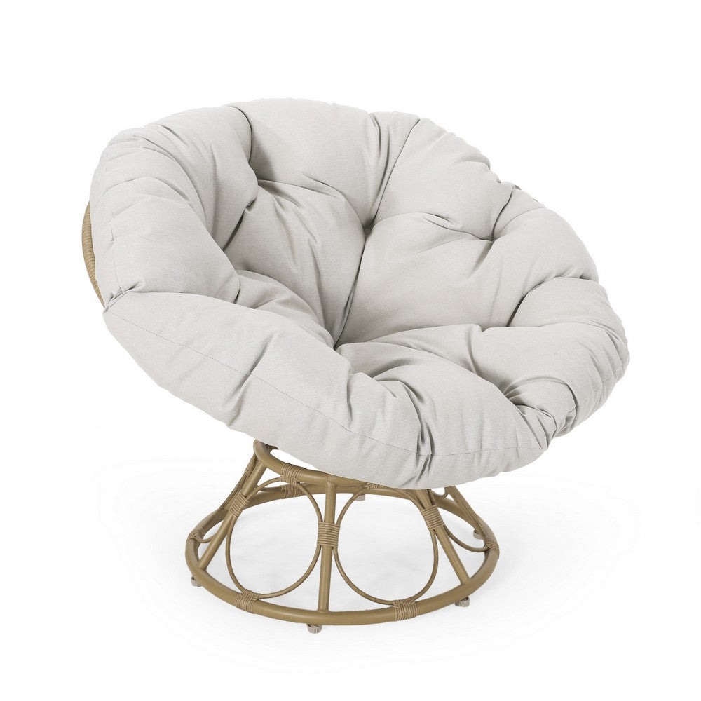 Leos Swivel Outdoor Chair, Soft Gray Polyester Cushion, Brown Rattan