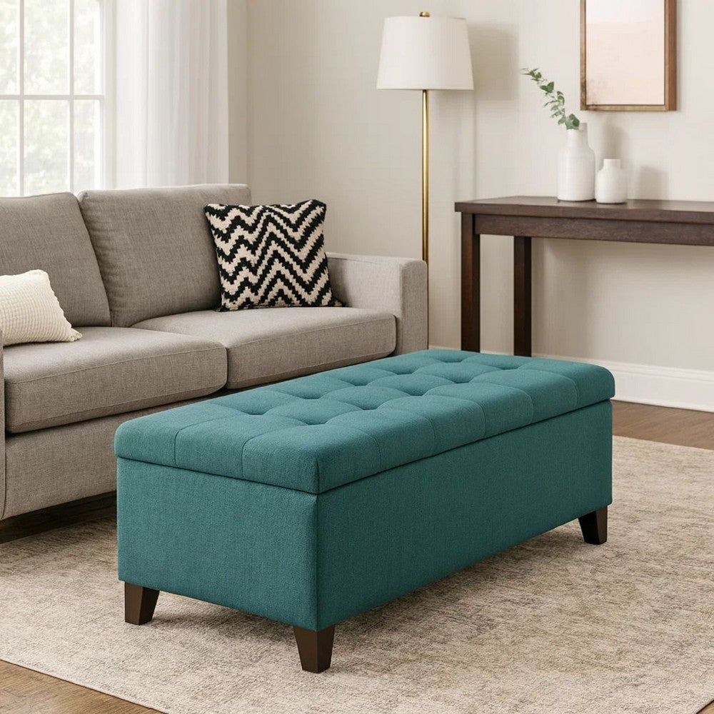 Nira Storage Ottoman Bench, Button Tufted Teal Blue Fabric, 51" Frame