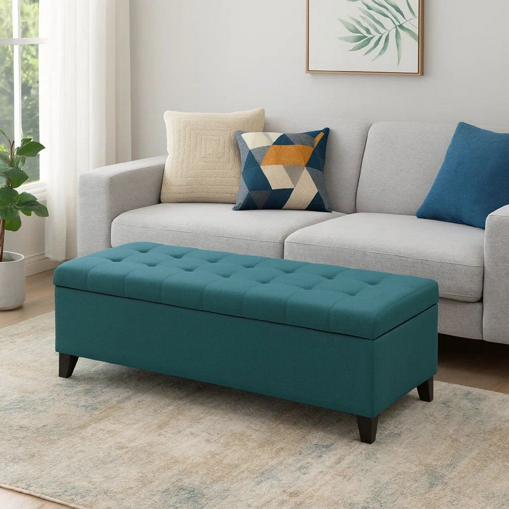 Nira Storage Ottoman Bench, Button Tufted Teal Blue Fabric, 51" Frame
