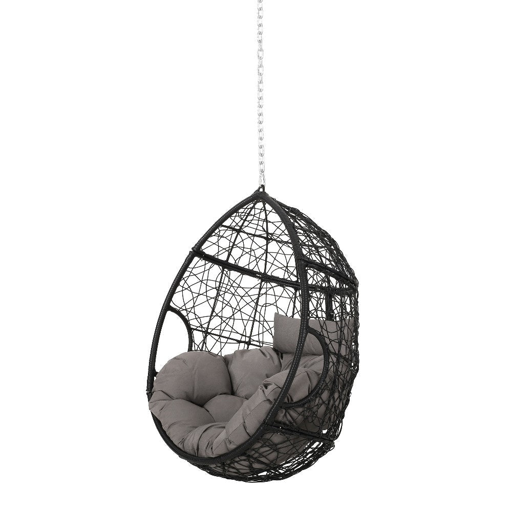 Castic Outdoor Hanging Chair, 46" Rattan Frame, Black Iron, Gray