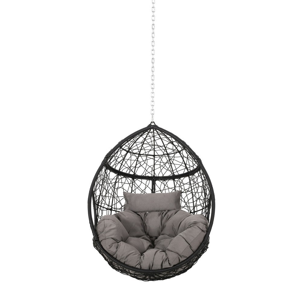 Castic Outdoor Hanging Chair, 46" Rattan Frame, Black Iron, Gray