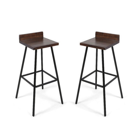 Barstool Chair Set of 2, Brown Acacia Wood, Black Angled Iron Legs