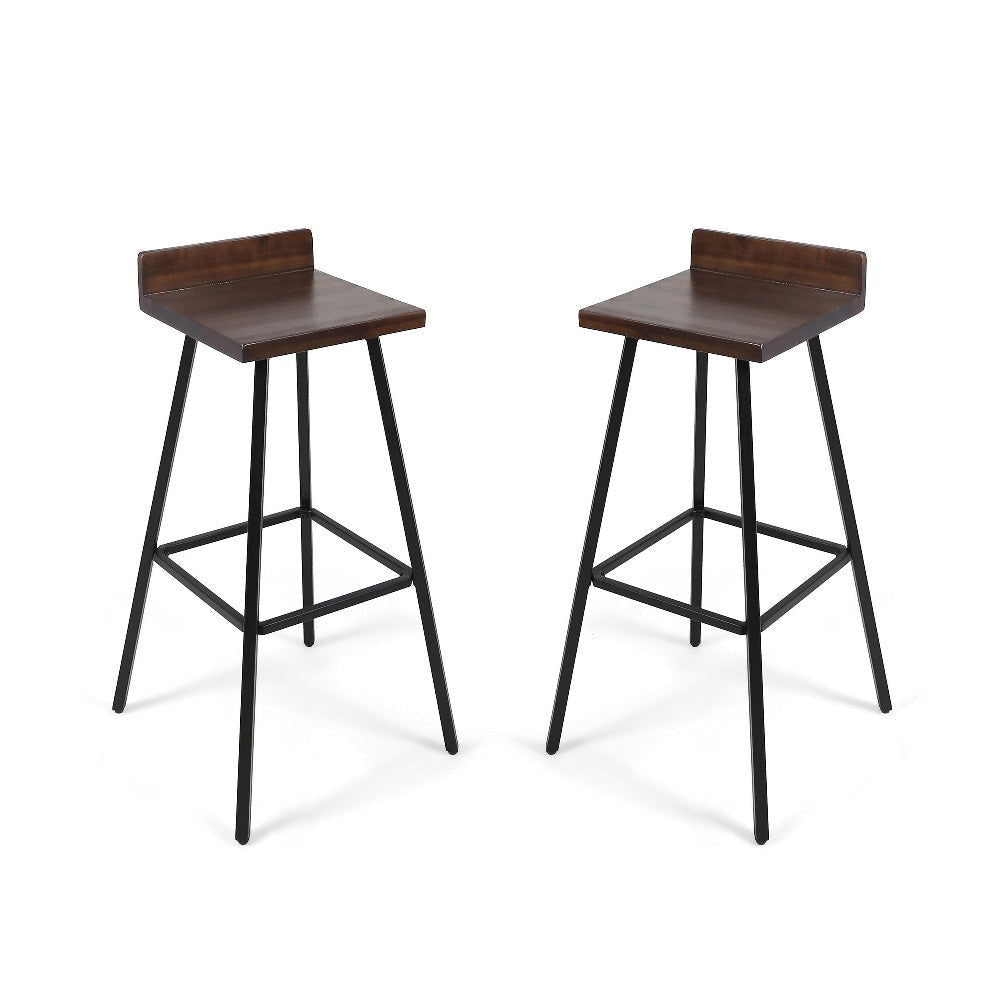 Barstool Chair Set of 2, Brown Acacia Wood, Black Angled Iron Legs