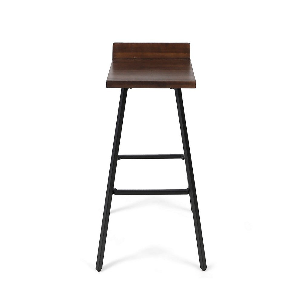 Barstool Chair Set of 2, Brown Acacia Wood, Black Angled Iron Legs