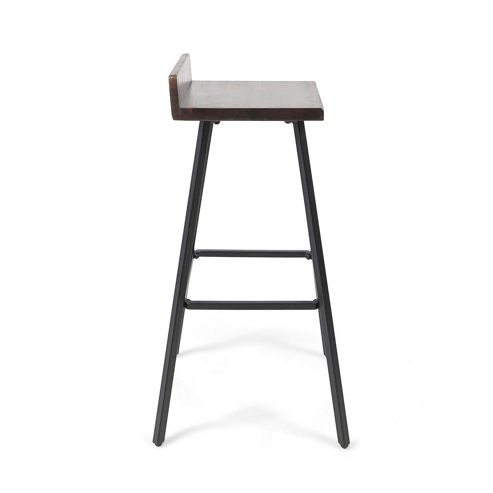Barstool Chair Set of 2, Brown Acacia Wood, Black Angled Iron Legs