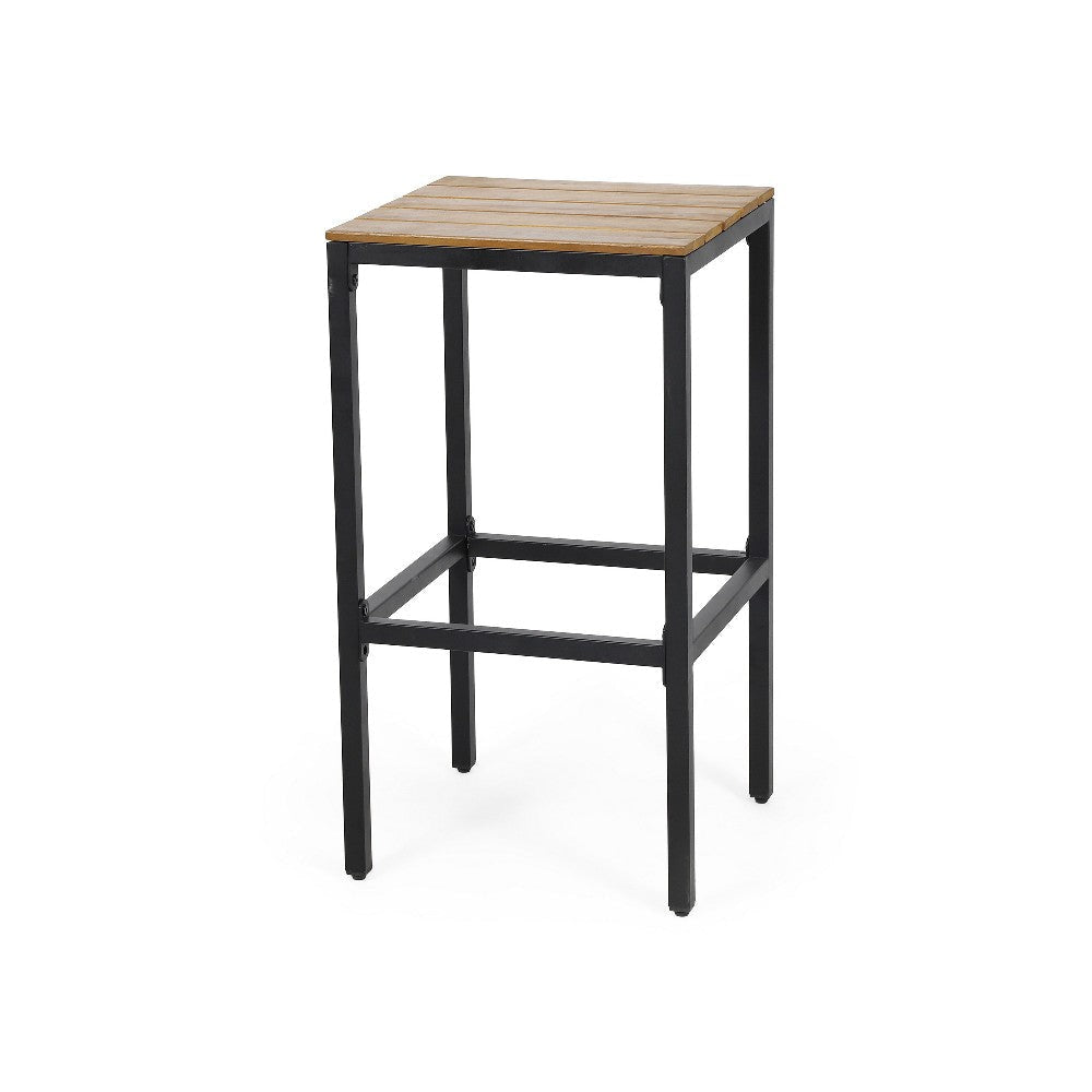Barstool Set of 2, Straight Legs, Brown Acacia Wood, Black Iron Legs