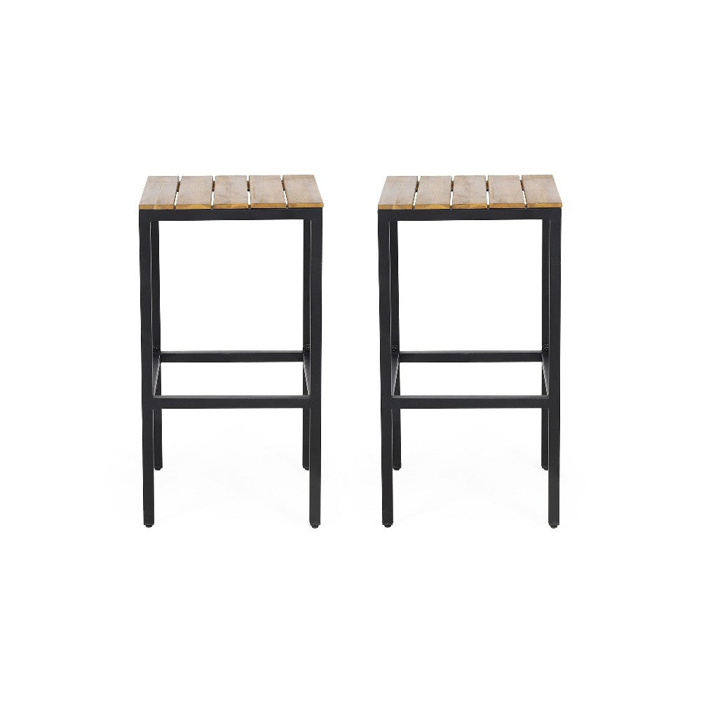 Barstool Set of 2 Straight Legs Brown Acacia Wood Black Iron Legs BM325077