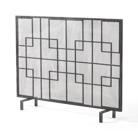 31x41 Fireplace Screen with Mesh, Contemporary Design, Black, Silver