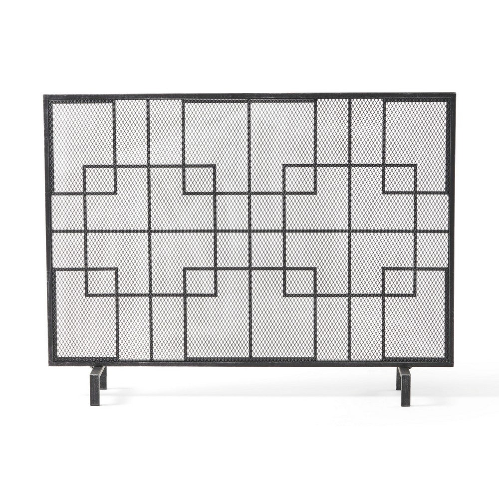 31x41 Fireplace Screen with Mesh, Contemporary Design, Black, Silver