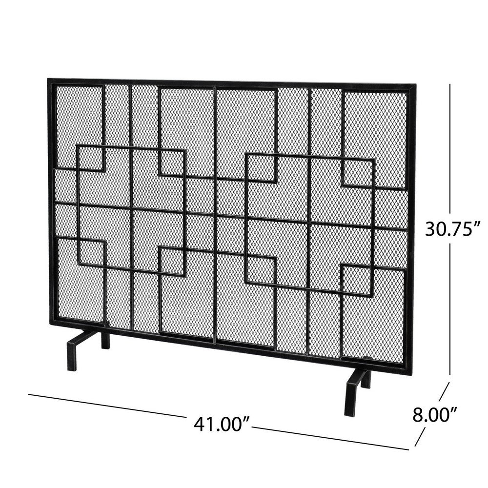31x41 Fireplace Screen with Mesh, Contemporary Design, Black, Silver