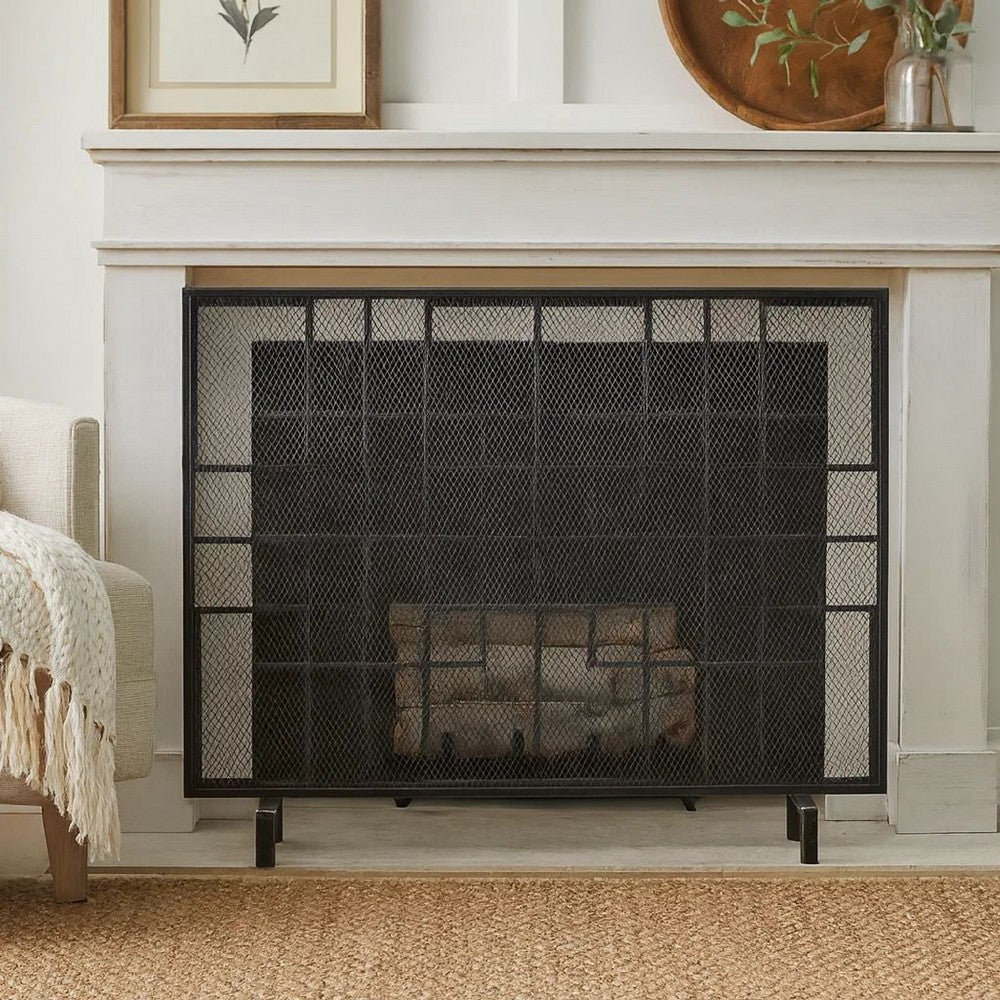 31x41 Fireplace Screen with Mesh, Contemporary Design, Black, Silver