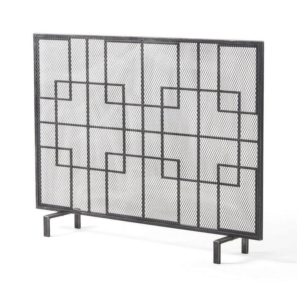 31x41 Fireplace Screen with Mesh, Contemporary Design, Black, Silver