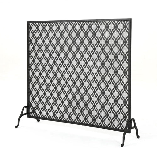 35x39 Fireplace Screen, Open Flower Pattern Design, Matte Black Iron