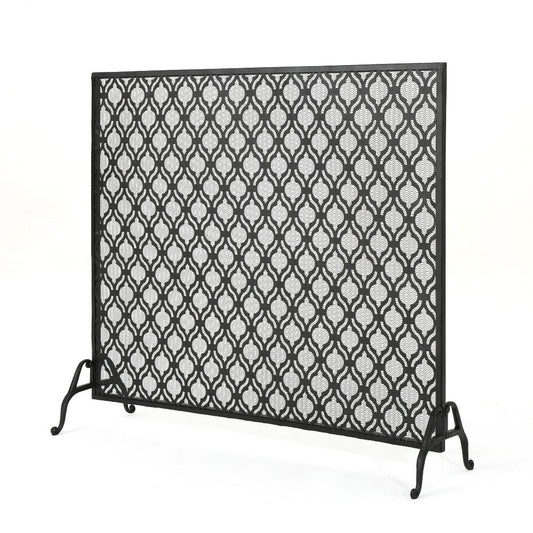 35x39 Fireplace Screen, Open Flower Pattern Design, Matte Black Iron