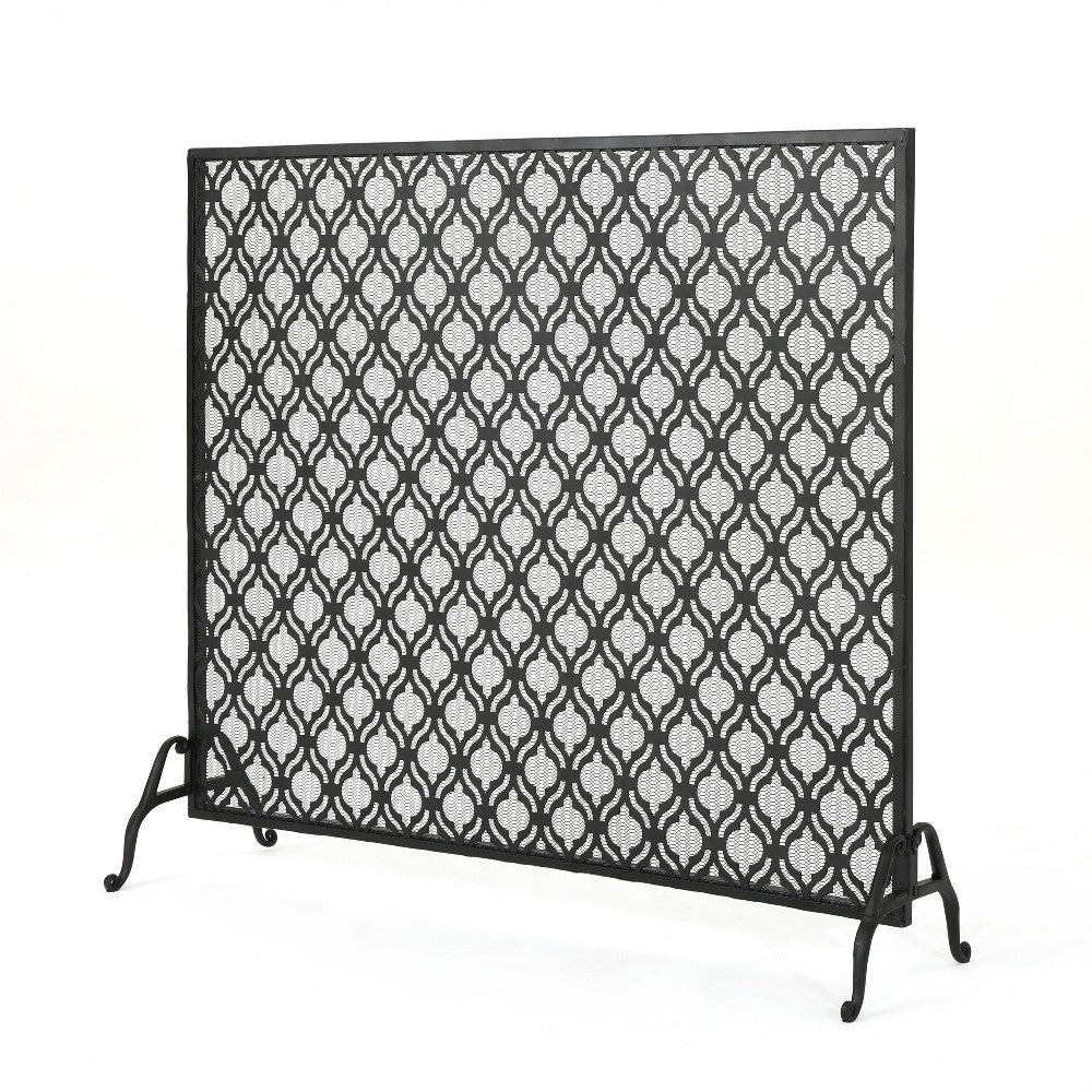 35x39 Fireplace Screen, Open Flower Pattern Design, Matte Black Iron