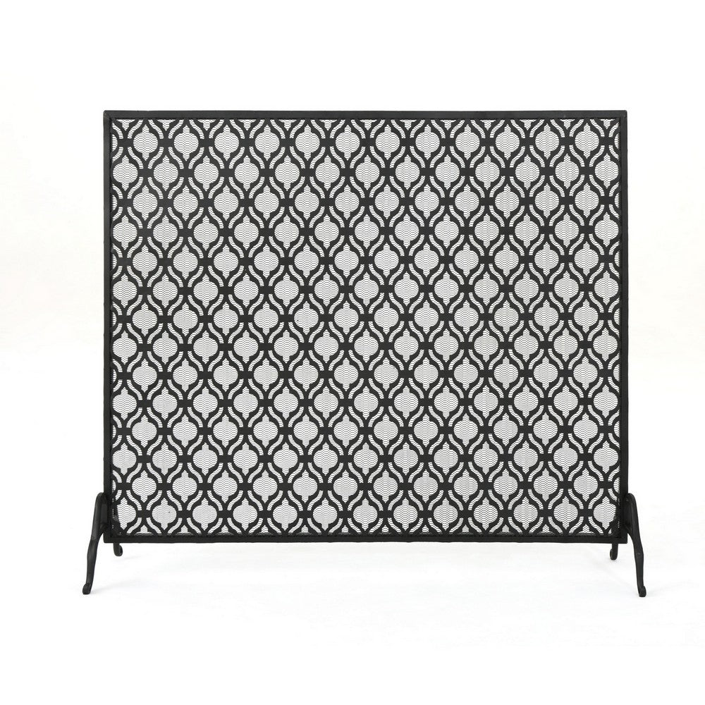 35x39 Fireplace Screen, Open Flower Pattern Design, Matte Black Iron