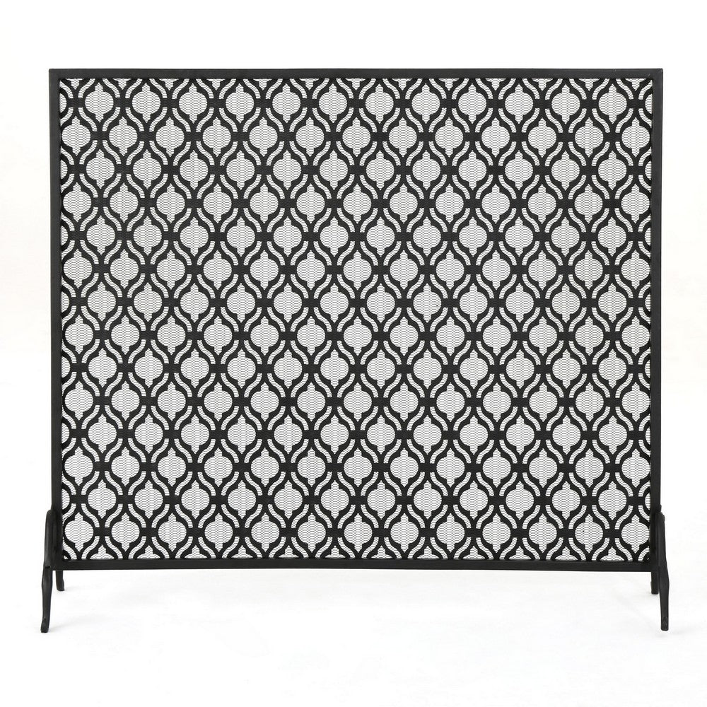 35x39 Fireplace Screen, Open Flower Pattern Design, Matte Black Iron