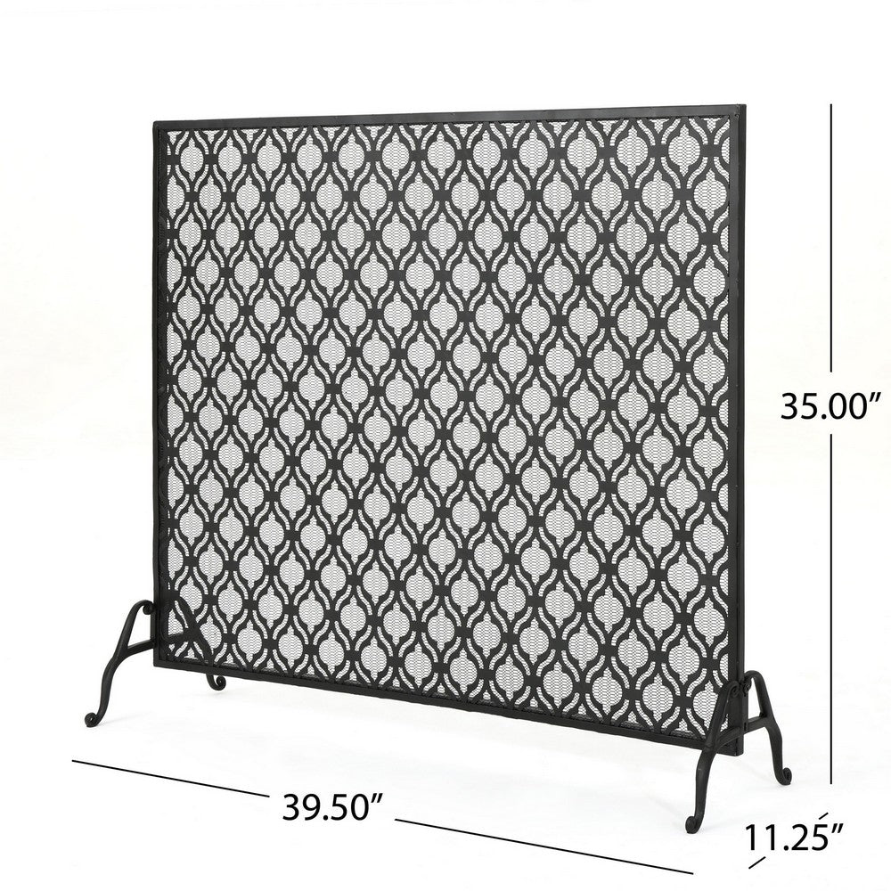 35x39 Fireplace Screen, Open Flower Pattern Design, Matte Black Iron