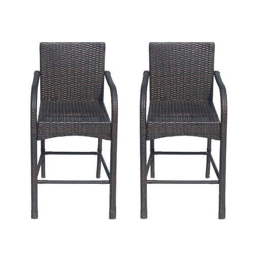 Outdoor Barstool Chair Set of 2, Gray Woven Faux Rattan, Iron Frame