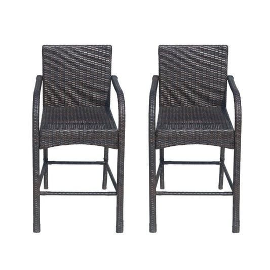 Outdoor Barstool Chair Set of 2, Gray Woven Faux Rattan, Iron Frame