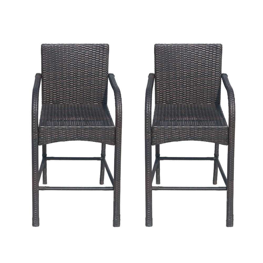 Outdoor Barstool Chair Set of 2, Gray Woven Faux Rattan, Iron Frame